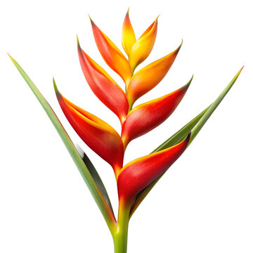 A vibrant tropical heliconia flower with red, orange, and yellow petals and green leaves, isolated on a transparent background, symbolizing exotic beauty and summer