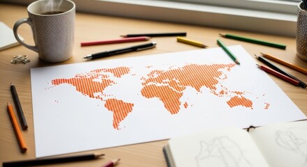 World map drawing, colored orange lines, on paper, with coffee mug, pencils, and notebook