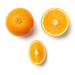 Fototapeta premium A vibrant, fresh orange fruit, presented in a versatile trio a perfectly round whole orange, a juicy half-orange revealing its segments, and a crisp individual slice copy