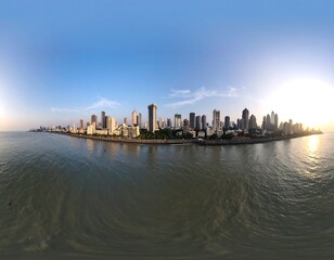 Naklejka premium City skyline over water at sunrise