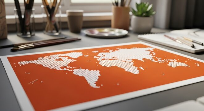 World map, orange, dotted lines, artist's workspace