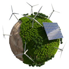 Renewable energy concept featuring a small planet with wind turbines and solar panels surrounded by lush greenery, symbolizing sustainable development and environmental awareness