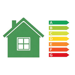 Graphic representation of energy efficiency rating scale, featuring a house outline and color-coded labels from A to G, illustrating sustainability levels and performance metrics