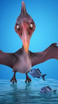 Cartoon Pterodactyl Catching Fish in Water, Animated Prehistoric Creature