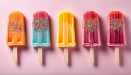 row of five colorful fruit ice popsicles with sprinkles and icy texture on a light pink background