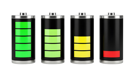 Four battery icons displaying energy levels from full green to empty red, illustrating the concept of energy consumption and sustainability in green energy solutions