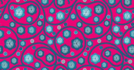 Vibrant Pink And Teal Pattern With Circular Floral Motifs And Abstract Elements, Creating A Visually Striking Textile Design.