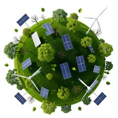 Renewable energy concept featuring a small planet with wind turbines and solar panels surrounded by lush greenery, symbolizing sustainable development and environmental awareness