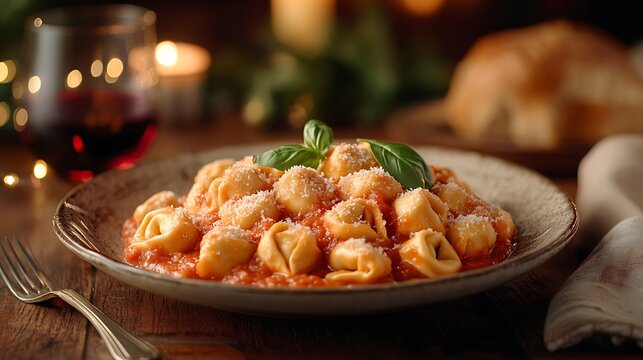 Tortellini topped with grated cheese and fresh basil. Elegant warm-toned setup with wine and bread. Italian comfort food for National Tortellini Day