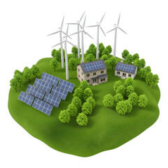 Renewable energy scene featuring two houses with solar panels, surrounded by wind turbines and green trees, illustrating sustainable living and eco-friendly technology