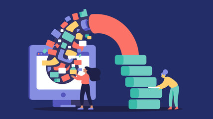 two female developers organizing data into a digital workflow funnel vector illustration, information processing, content curation and data aggregation