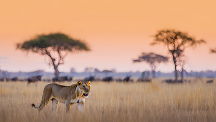 Naklejka premium Majestic lion roams the african savannah at sunset