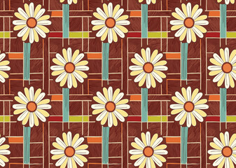 Brown Patterned Background With Repeating Yellow And White Daisy Flowers And Teal/Orange/Green Stripes.