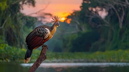 Exotic bird perched on branch at sunset in lush forest