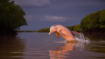 Pink river dolphin leaps from amazon river water © Mahmudul