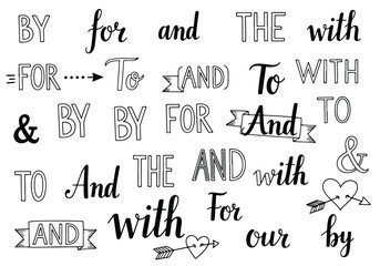 Decorative text and lettering design isolated on white background doodle style icon set