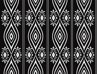 Black And White Geometric Ethnic Pattern With Tribal-Style Diamonds And Abstract Shapes, Ideal For Textiles, Wallpaper, Or Backgrounds.