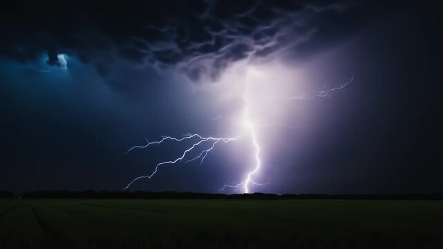 Thunder storm lightning strike on the dark cloudy sky background at night. 4k video