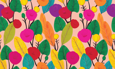 Vibrant Floral Pattern With Colorful Abstract Flowers And Leaves On A Light Background, Perfect For Textiles Or Digital Art.
