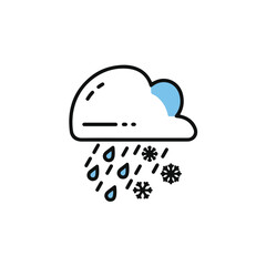 Abstract illustration of a cloud releasing both raindrops and snowflakes.