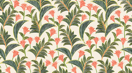 Tropical Floral Pattern With Green Leaves And Vibrant Orange Flowers On A Light Background.