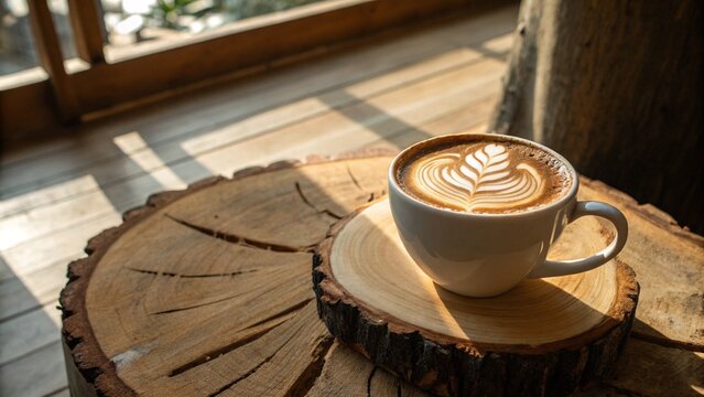 Barista Coffee with Floral Foam Design on Wood
Rustic Cappuccino on a Natural Tree Stump
Artistic Latte Art in a White Cup on a Wooden Slab