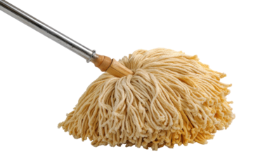 A close-up of a beige-colored, textured floor mop head attached to a metallic pole.  The mop head is full and fluffy, showing its fibers