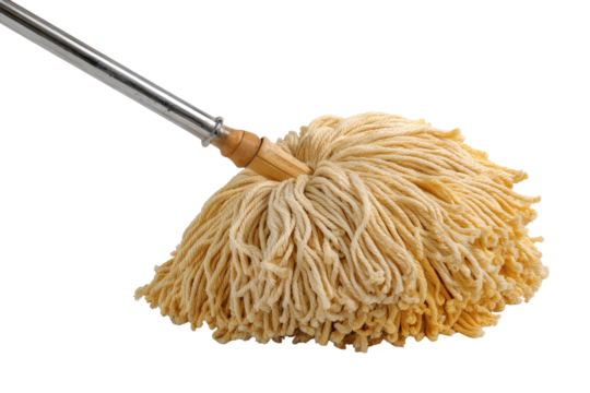A close-up of a beige-colored, textured floor mop head attached to a metallic pole.  The mop head is full and fluffy, showing its fibers