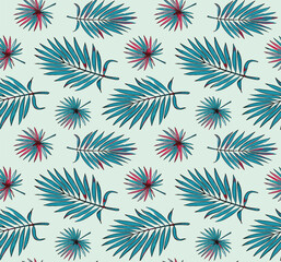 Seamless Pattern Teal And Vibrant Pink Fan Leaves On A Light Background, Perfect For Textiles Or Decor