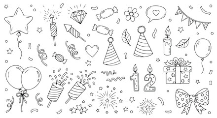 Assortment of festive elements including a party hat, candy, leaf, heart, star, and confetti, isolated on white background doodle style icon set