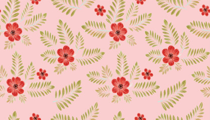 Seamless Pink Background With Repeating Red Flowers And Olive-Green Leaves, Creating A Delicate, Charming Floral Pattern.