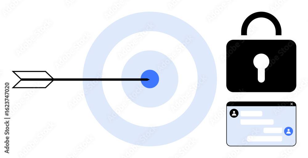 Poster arrow hitting a bullseye, secure lock, and chat interface symbolizing digital security, data protect