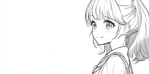 An anime-style portrait of a young girl with a bright, cheerful expression, her hair artfully styled, as she offers a friendly gaze in a minimalistic style.