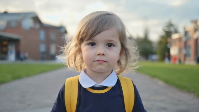 Cute caucasian girl 7 years old with backpack going to school