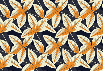 Pattern With Orange And Beige Leaves On A Dark Background With Geometric Lines, Creating A Modern Textile Design.