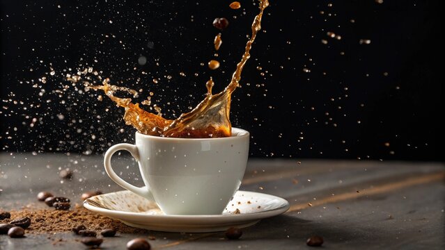 A Dramatic Moment of a Coffee Cup Tipping Over and Spilling
Dynamic Splash: Espresso Coffee Bursting from a White Mug
Moment of Impact: A Coffee Cup Falling and Spilling on a Counter