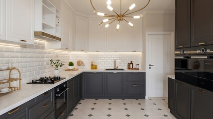 Modern Luxury Kitchen Design with Dark Cabinets and White Tiles