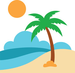 Minimalist Sunset Beach Scene with Palm Tree, Waves, and Clouds