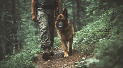 A man walks with his German Shepherd in a lush forest setting.