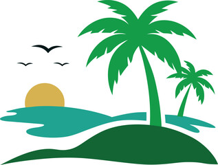 Tropical Paradise Silhouette with Palm Trees, Birds, Ocean, and Sunset in Bold Colors