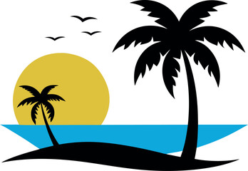 Minimalist Tropical Beach Scene with Palm Trees, Sun, Birds, and Ocean