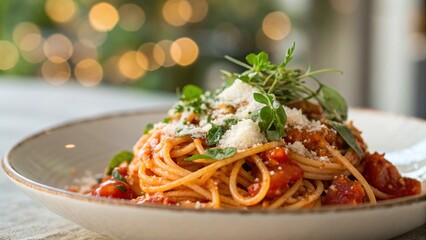 Spaghetti al Pomodoro Garnished with Herbs, Cheese, and a Light Bokeh Background
Delicious and Fresh Italian Pasta Dish with Cherry Tomatoes and Parmesan Cheese