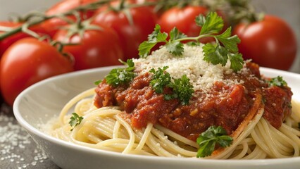 Spaghetti with Rich Marinara Sauce, Grated Parmesan Cheese, and Fresh Herbs
Delicious Italian Pasta Dish with a Classic Tomato Sauce and Garnish