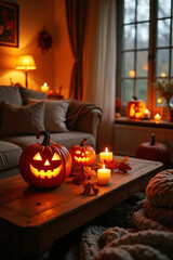 Close-up of rustic Halloween table setup with glowing Jack-o-lanterns and burning candles