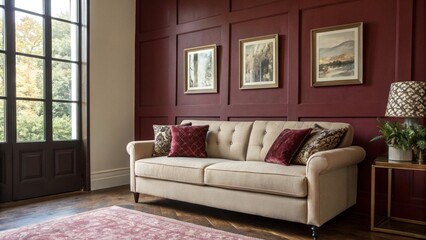 Fototapeta premium Stylish Interior Design with a Bold Burgundy Accent Wall and a Neutral Beige Sofa Elegant Living Room with a Tufted Couch, Decorative Wall Paneling, and Art