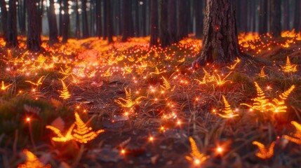 Fototapeta premium Enchanted forest at night with magical glowing plants illuminating the dark woodland floor with a warm, vibrant orange light