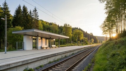 Naklejka premium Modern and Minimalist Train Station in a Green Forest at Sunset Empty and Peaceful Railway Platform in a Tranquil Rural Landscape