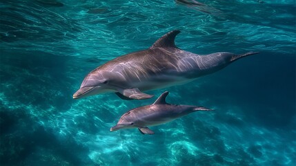 Fototapeta premium A pair of dolphins swims gracefully underwater, showcasing their strong bond and elegance.