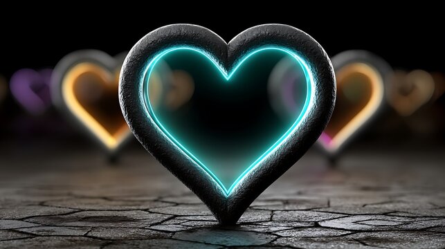 A futuristic metallic background with glowing holographic heart shapes floating in layered grids, reflecting neon lights in shades of cyan and magenta