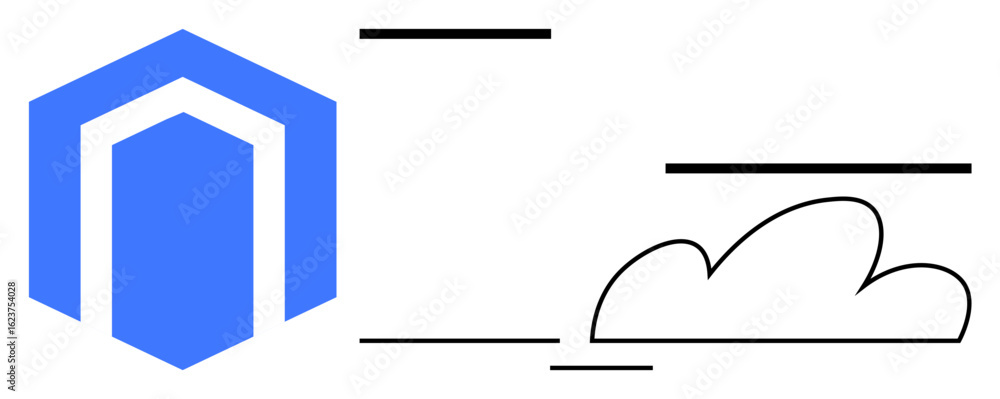 Poster hexagonal shape in blue alongside a minimalistic cloud and horizontal lines conveying a theme of tec